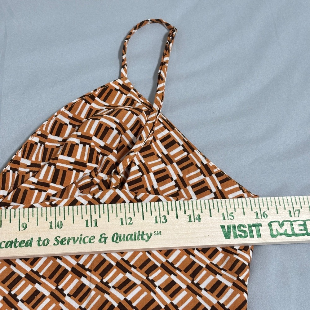 Faithfull the Brand Ruched Bust Brown Orange Midi Dress Geometric Print Sz 6 - Picture 6 of 9